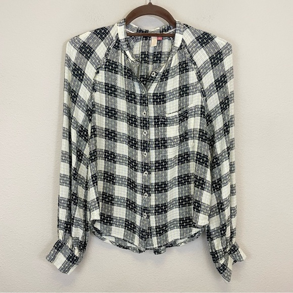 Anthropologie Pilcro Black Plaid Long Sleeve Stitch Button Down Shirt Size XS - Picture 3 of 12
